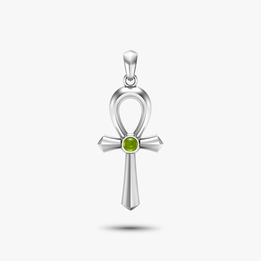 Silver Ancient Egyptian ankh amulet pendant featuring a round peridot cabochon stone in the centre.