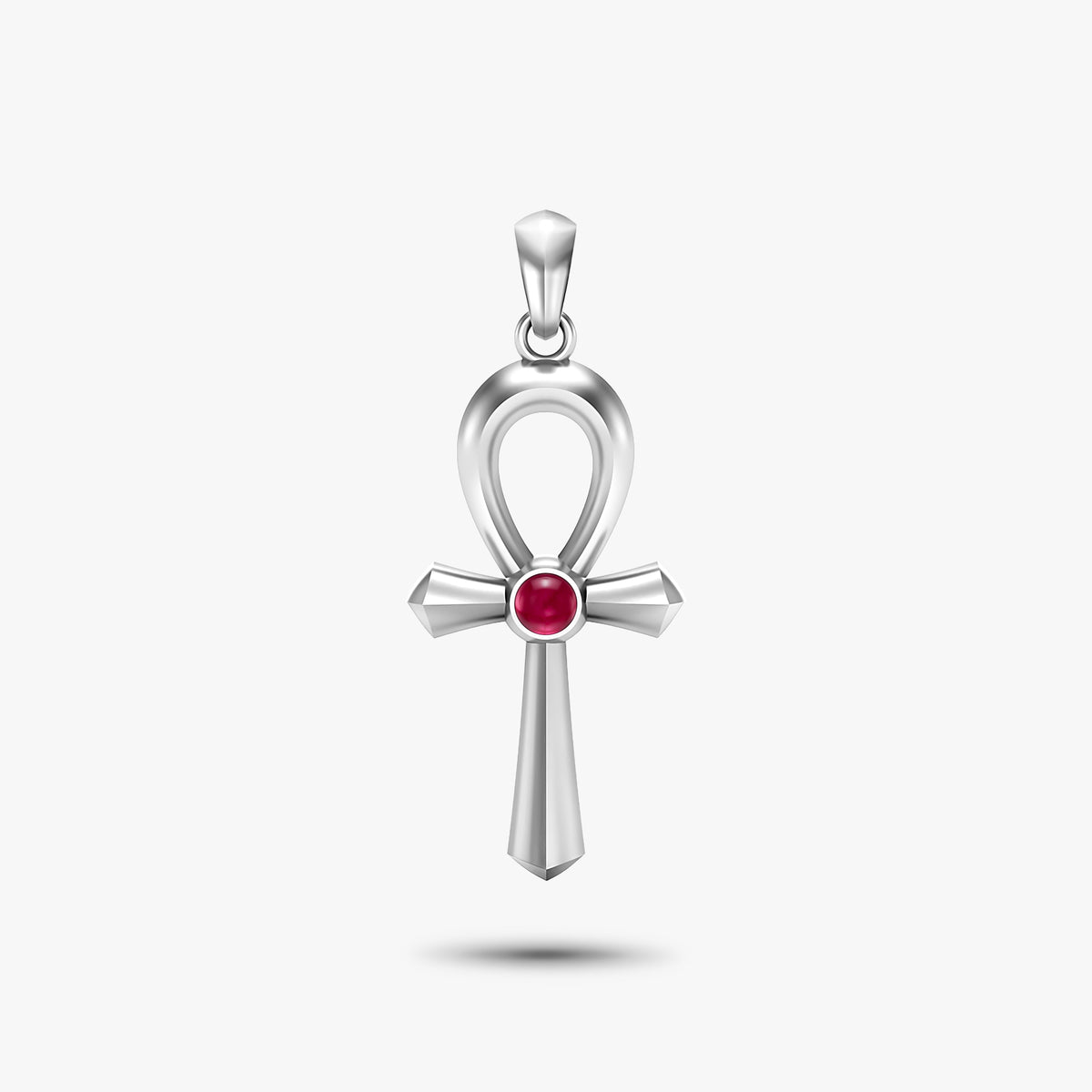 Silver Ancient Egyptian ankh amulet pendant featuring a round ruby cabochon stone in the centre.