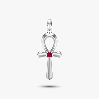 Silver Ancient Egyptian ankh amulet pendant featuring a round ruby cabochon stone in the centre.