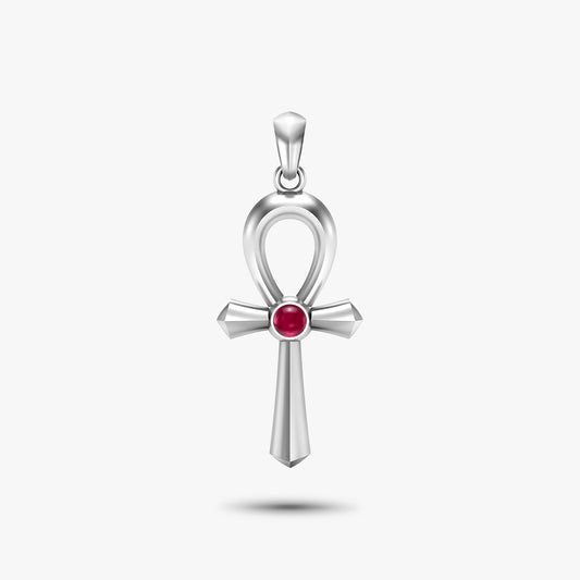 Silver Ancient Egyptian ankh amulet pendant featuring a round ruby cabochon stone in the centre.