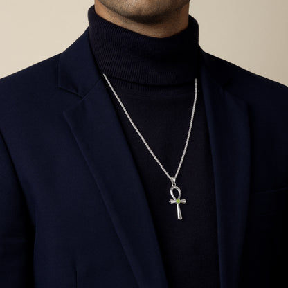 model wearing a ancient egyptian ankh with peridot gemstone amulet pendant with 1.9mm spiga wheat chain in sterling silver