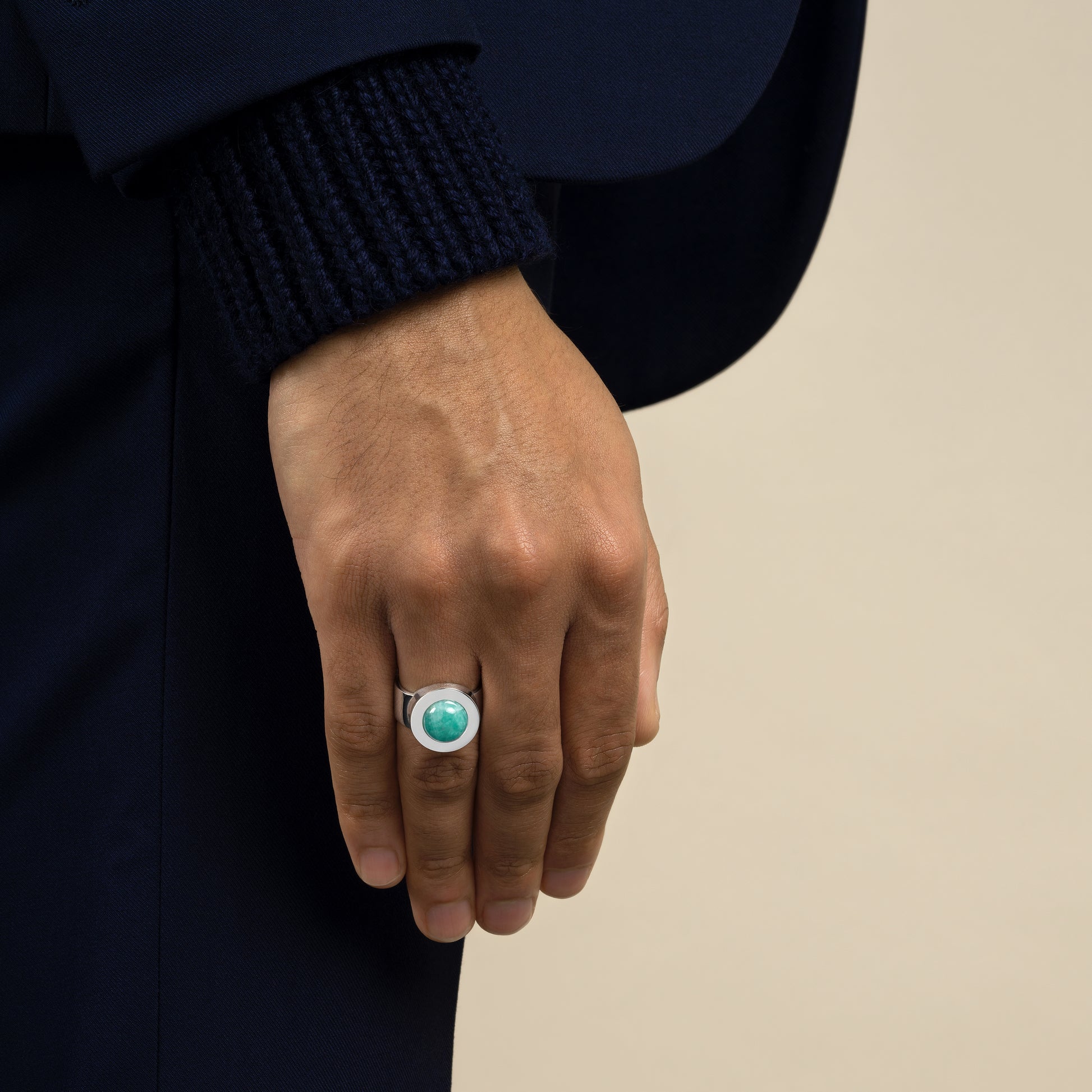 model wearing amazonite ring in sterling silver