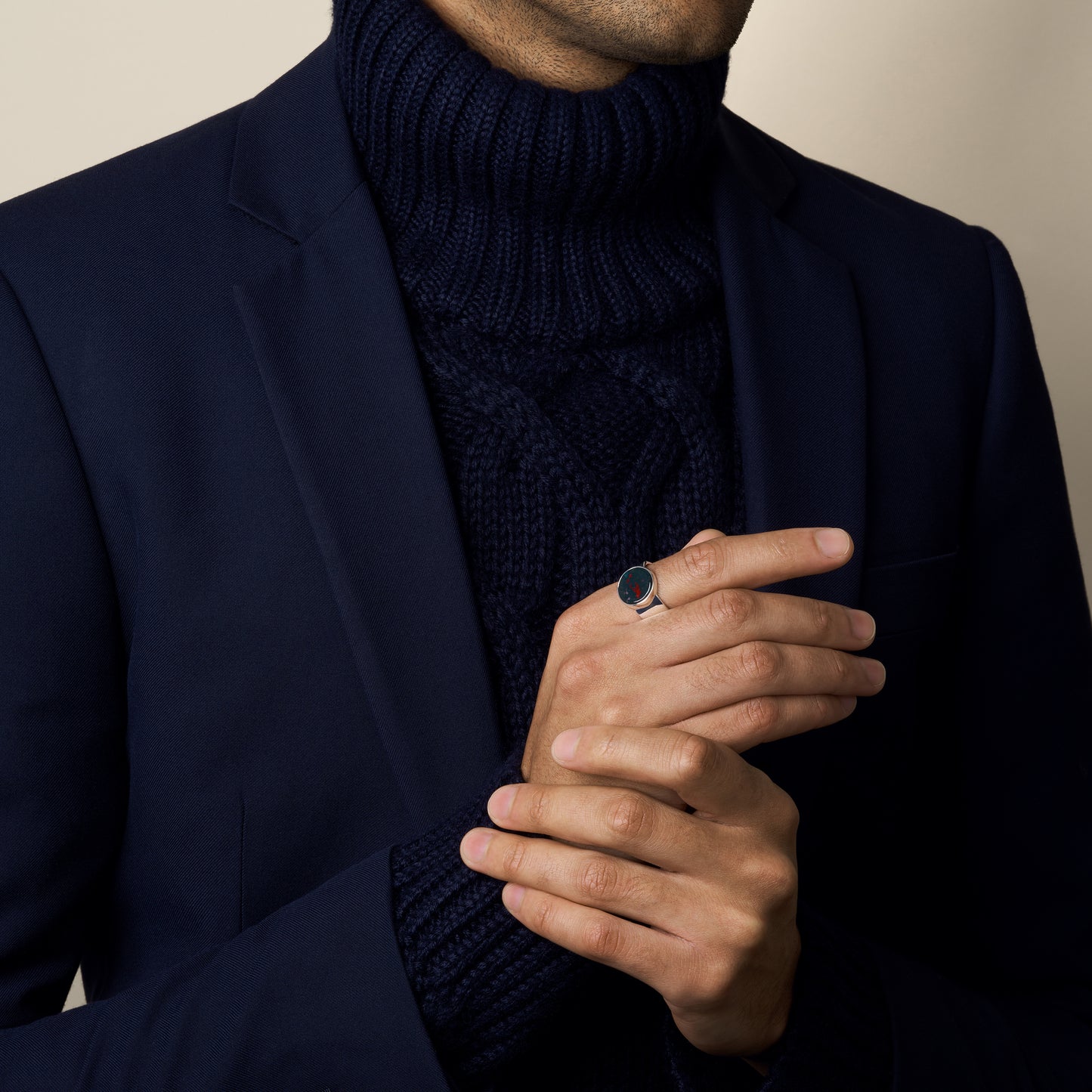 model wearing bloodstone ring in sterling silver