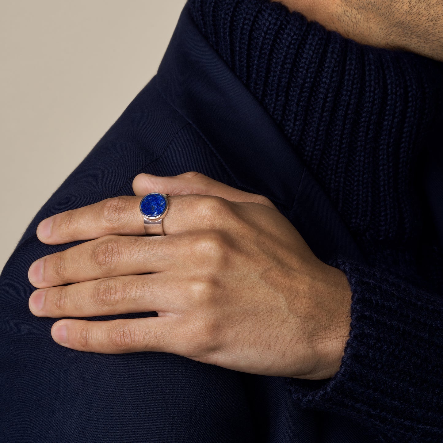 model wearing lapis lazuli ring in sterling silver