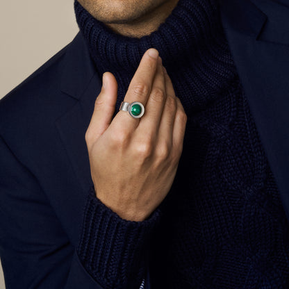 model wearing malachite ring in sterling silver