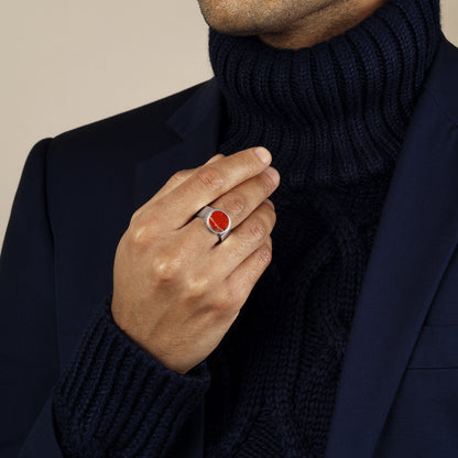 model wearing red jasper ring in sterling silver