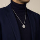 model wearing black spinel compass amulet pendant with a 1.8mm diamond cut rope chain in sterling silver